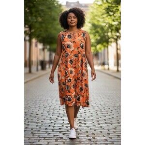 Allison Brittney Orange Floral A-Line Dress Sleeveless Knee Length Size L